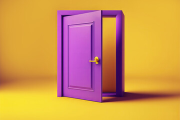 Open purple door on yellow background. Creative concept of accessibility, choice, exit. Generative AI illustration