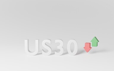 3d render US30 of the stock market in white latters with green and red arrow isolated on white background. US30 stock market index trading.