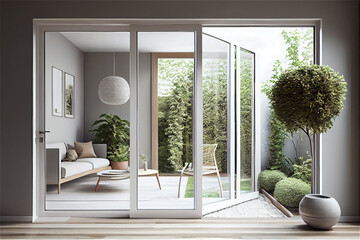 Beautiful house interior with a minimal contemporary style with sliding glass doors leading to the garden, generative AI
