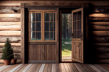 Wooden cabin interior all made in timber with a cozy atmosphere, generative AI