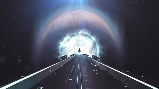 Dark abstract Sci Fi path with Outer Space and Planet in background. Man Standing with Glowing Light Rays and Portal. 3d Rendering Artwork