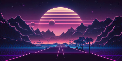 80s synthwave styled landscape with mountains and sunset