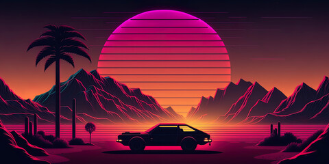 Retro futuristic back side view 80s supercar on trendy synthwave, vaporwave, cyberpunk sunset background. Back to 80's concept.