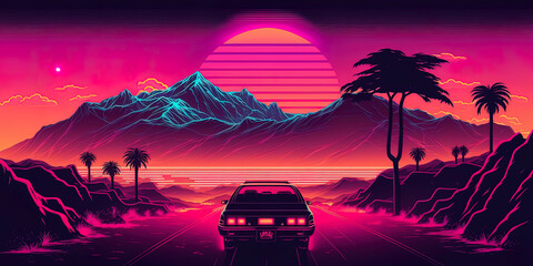 Retrowave vintage night city panorama. 80s synthwave styled landscape with mountains and sunset