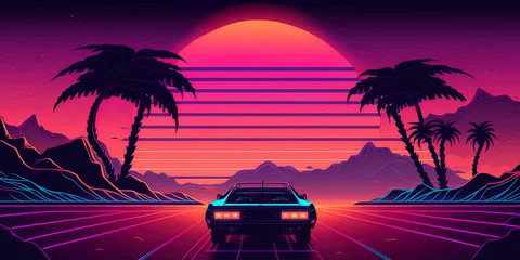 Schilderijen op glas Retrowave vintage night city panorama. 80s synthwave styled landscape with mountains and sunset © Fernando