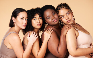 Skin care, diversity and portrait of women group together for inclusion, natural beauty and power. Body positive friends or real people on beige background for support, makeup and plus size self love