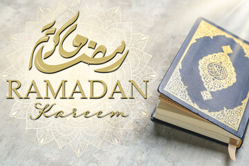 Greeting card for Ramadan with Koran on light background