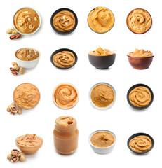 Collage of tasty peanut butter in jar and bowls on white background