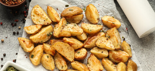 Baking paper with tasty prepared potato and spices on grunge background