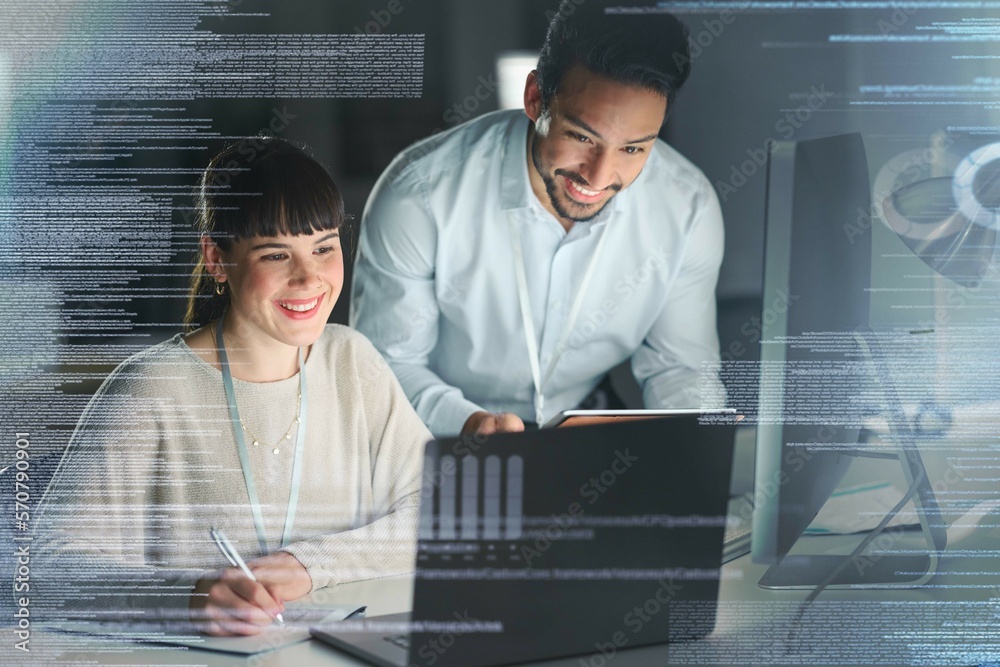Aufkleber Information technology, overlay and team on laptop for digital marketing, programming and coding. Networking, web design and man and woman working online for ux, user interface and tech development