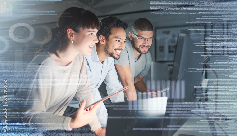 Aufkleber Business people, coding group and information technology with computer screen, programming and software development. Code overlay, futuristic and collaboration, meeting with programmer team in office