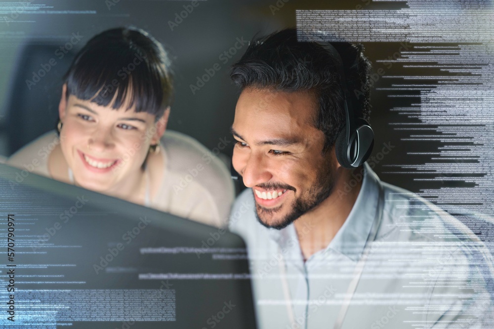 Leinwandbilder man, woman and pc in night with overlay, smile and coaching for tech support, data analytics and web