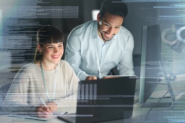 Information technology, overlay and team on laptop for digital marketing, programming and coding. Networking, web design and man and woman working online for ux, user interface and tech development