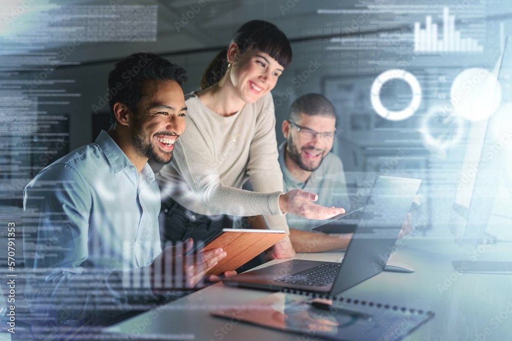 Aufkleber Teamwork, laptop hologram and people success in data analytics, cyber security research and cloud computing. Coding, programming and developer woman or group with software solution in night overlay