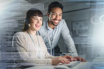 Call center, overlay and team on computer for customer support, telemarketing and crm network. Communication, contact us and manager training, help and consulting with woman with technology hologram