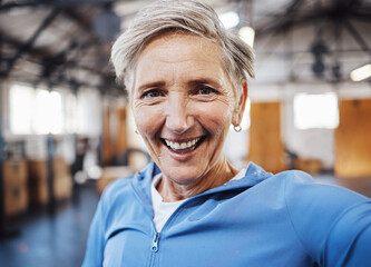 Selfie, smile and fitness senior woman taking picture in the gym after exercise, workout or...