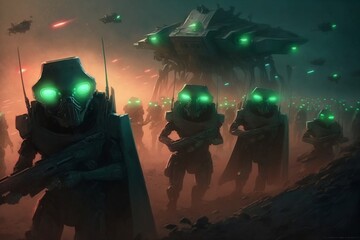 Obraz na płótnie Canvas Stopping the Alien Invasion: An Unstoppable Army and their Laser Guns