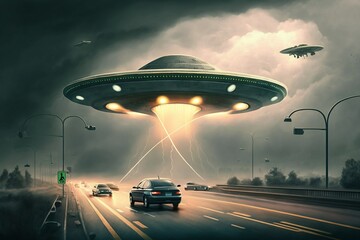 Fototapeta na wymiar The Mystery of the Giant UFO Above the Highway