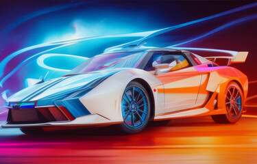 Naklejka premium Abstract Painting of a White Sports Car Blue Swirl Background Red Orange Ground Generative AI Illustration