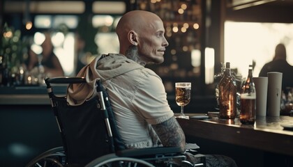 Fototapeta premium Celebrating Ability, Inclusion, and Diversity: The Power of a Barrier-Free Wheelchair for Independent Living and Empowerment for a White (Caucasian) Man In a bar (generative AI)