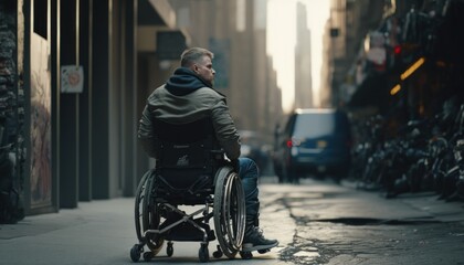 Celebrating Ability, Inclusion, and Diversity: The Power of a Barrier-Free Wheelchair for Independent Living and Empowerment for a White (Caucasian) Man In a cityscape (generative AI)