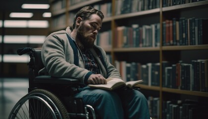 Obraz na płótnie Canvas Celebrating Ability, Inclusion, and Diversity: The Power of a Barrier-Free Wheelchair for Independent Living and Empowerment for a White (Caucasian) Man In a library (generative AI)