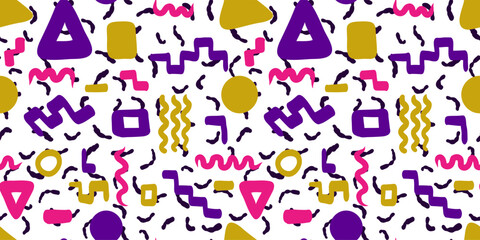 Back to the nineties Seamless pattern in 90s style Bright abstract hand-drawn elements on a white background Vector illustration