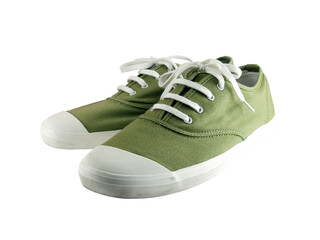 pair of green sneaker canvas shoes with tied string isolated on transparent