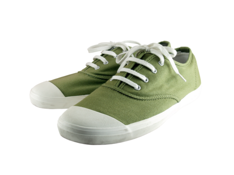 pair of green sneaker canvas shoes with tied string isolated on transparent