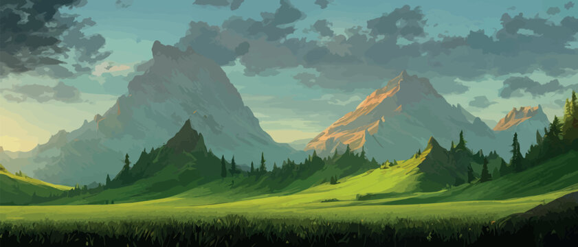 Panoramic view of big mountains, beautiful green meadows. Flat cartoon landscape with nature. Summer or spring landscape. Travel posters. Natural park or forest outdoor background with mountains © Павел Кишиков