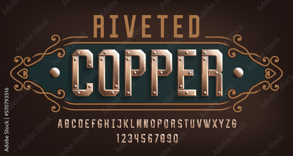 Fototapete riveted copper alphabet font. riveted letters and numbers. stock vector typescript for your design.