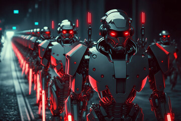 Fototapeta premium An army of mighty military robots is ready for battle With Generative AI