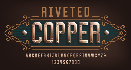 Riveted Copper alphabet font. Riveted letters and numbers. Stock vector typescript for your design. - obrazy, fototapety, plakaty