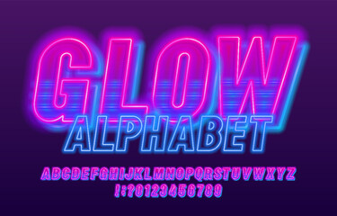 Glow alphabet font. Neon light letters and numbers. Stock vector typeface for your typography in retro 80s style.