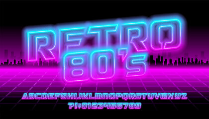 Retro 80s alphabet font. Neon colors letters and numbers on a retro background. Stock vector typescript for your design.