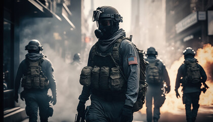 Special ops soldiers fight for survival in chaotic urban warfare in New York City. On fire, armed with rifles, and wearing gas helmets, they navigate debris-filled streets while under attack.