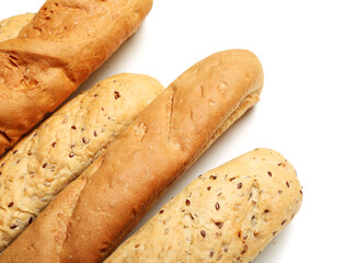 Loaves of delicious baguette isolated on white background