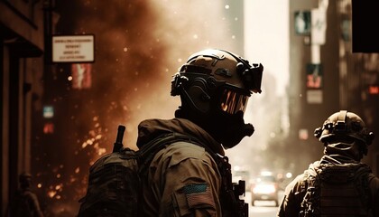 Special ops soldiers fight for survival in chaotic urban warfare in New York City. On fire, armed with rifles, and wearing gas helmets, they navigate debris-filled streets while under attack.