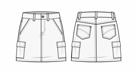 fashion flat illustration of a High-waist denim mini skirt with six pockets, a Front zip fly, and belt loops front and back design cad mock-up 
