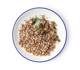 Plate of tasty buckwheat porridge with mushrooms and dill isolated on white background