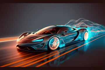 Fototapeta na wymiar Speeding fast sports car drives on highway road with motion blur effects creating light trailing environment in concept of virtual reality racing game . Sublime Generative AI image .