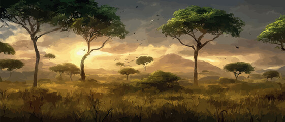 Wild savanna landscape. Savannah, African wild nature with acacia trees, grass, sand and water. Africa landscape panorama. Kenya National Park, panoramic view. Flat vector illustration - obrazy, fototapety, plakaty