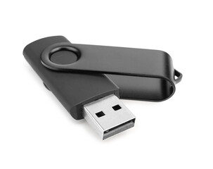 Black USB flash drive on white background