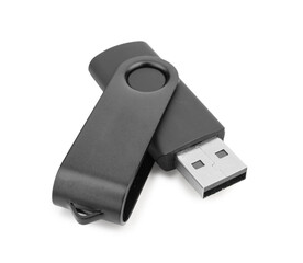 Black USB flash drive on white background