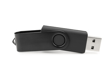 Black USB flash drive on white background