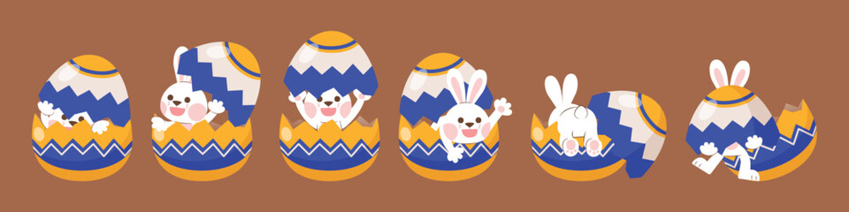 Cute Rabbit Hide In Colorful Easter Egg Shell, Vector, Illustration