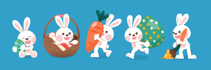 White Rabbit With Easter Egg, Caarot, Basket And Paint Brush, Vector, Illustration