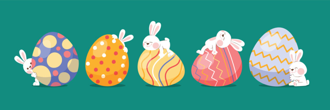 Cute Rabbit Hide, Hug And Lay On Corful Easter Egg, Vector, Illustration