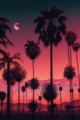 Fototapeta na wymiar Palm tree silhouettes at sunset purple sky background generative ai