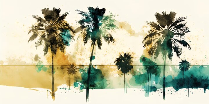 Watercolor painting of palm coconut tree, generative ai